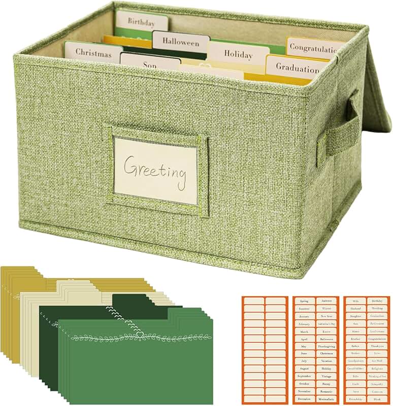 Green Greeting Card Organizer with Dividers and Labels