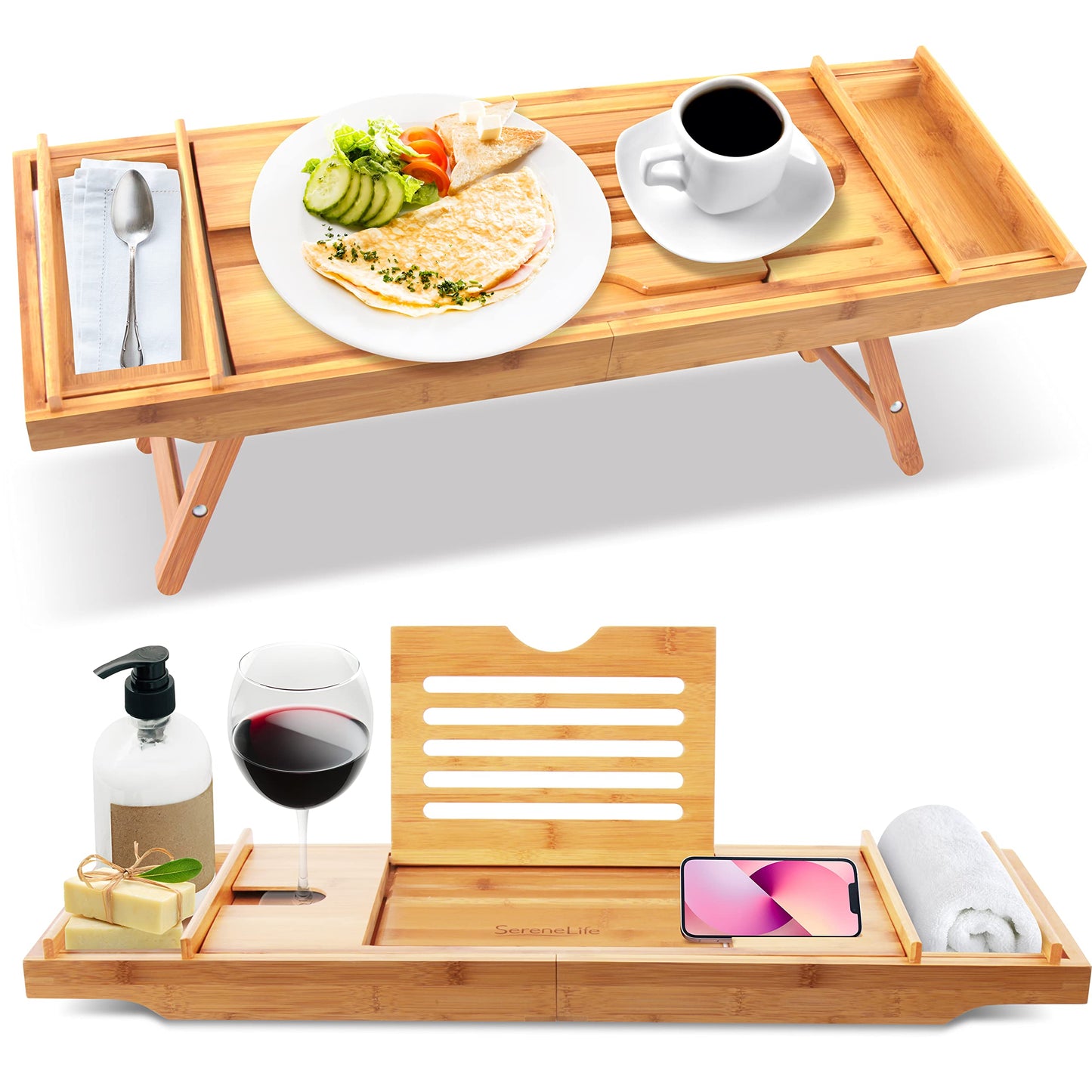 Bath Caddy Breakfast Tray Combo  Natural Bamboo Wood Waterproof Bath Tub Caddy and Bed Tray with Folding Slide-Out Arms, Device Grooves, Wine Gl and Soap Holder S CAD50.5  Brown