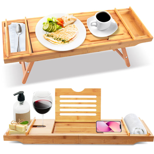 Bath Caddy Breakfast Tray Combo  Natural Bamboo Wood Waterproof Bath Tub Caddy and Bed Tray with Folding Slide-Out Arms, Device Grooves, Wine Gl and Soap Holder S CAD50.5  Brown