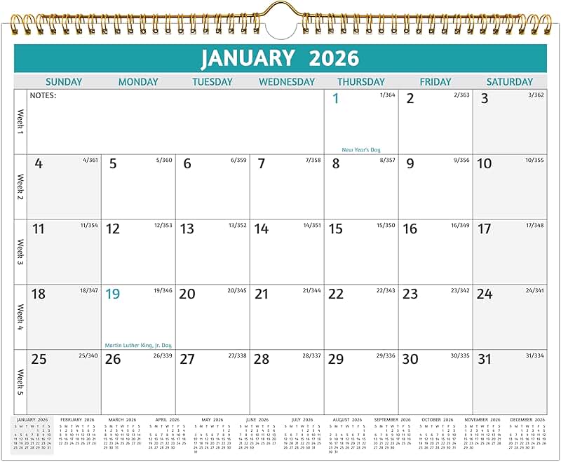 2026 Wall Calendar with Large Blocks and Notes