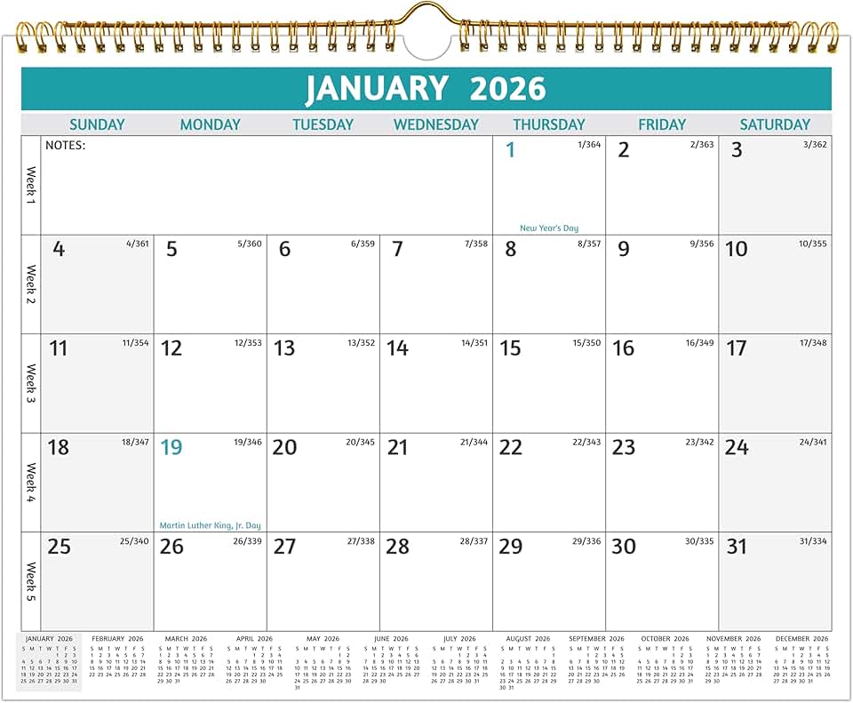 2026 Wall Calendar with Large Blocks and Notes