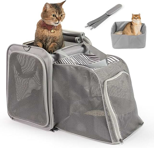 Large Expandable Cat Carrier with Litter Box for Travel