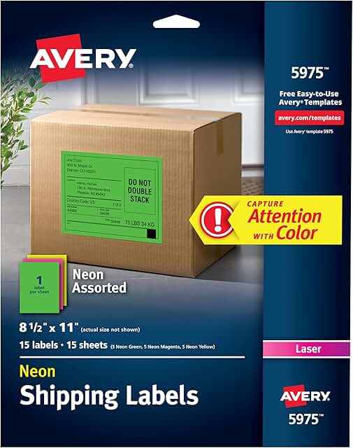 Neon Laser Shipping Labels, Assorted, 15 Pack