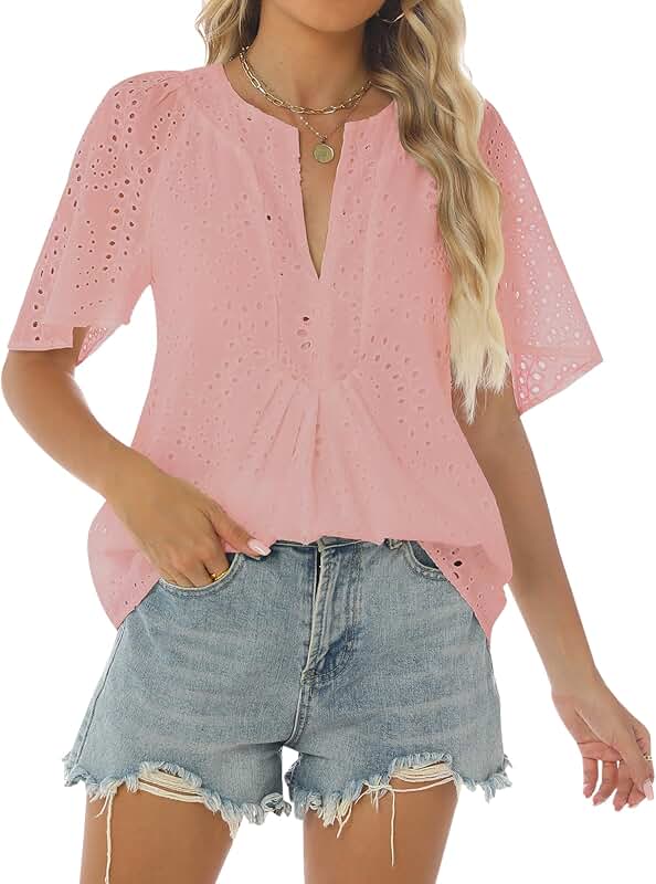 Women's Summer Eyelet V-Neck Flutter Sleeve Blouses