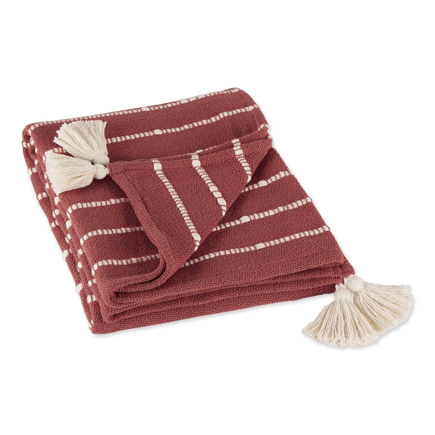 Striped Throw Cotton Slub, Hand-Tied Tels, 50x60, Clay  Off-White