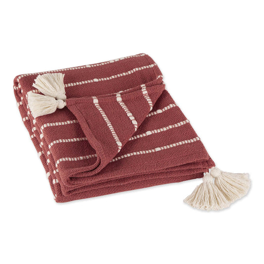 Striped Throw Cotton Slub, Hand-Tied Tels, 50x60, Clay  Off-White