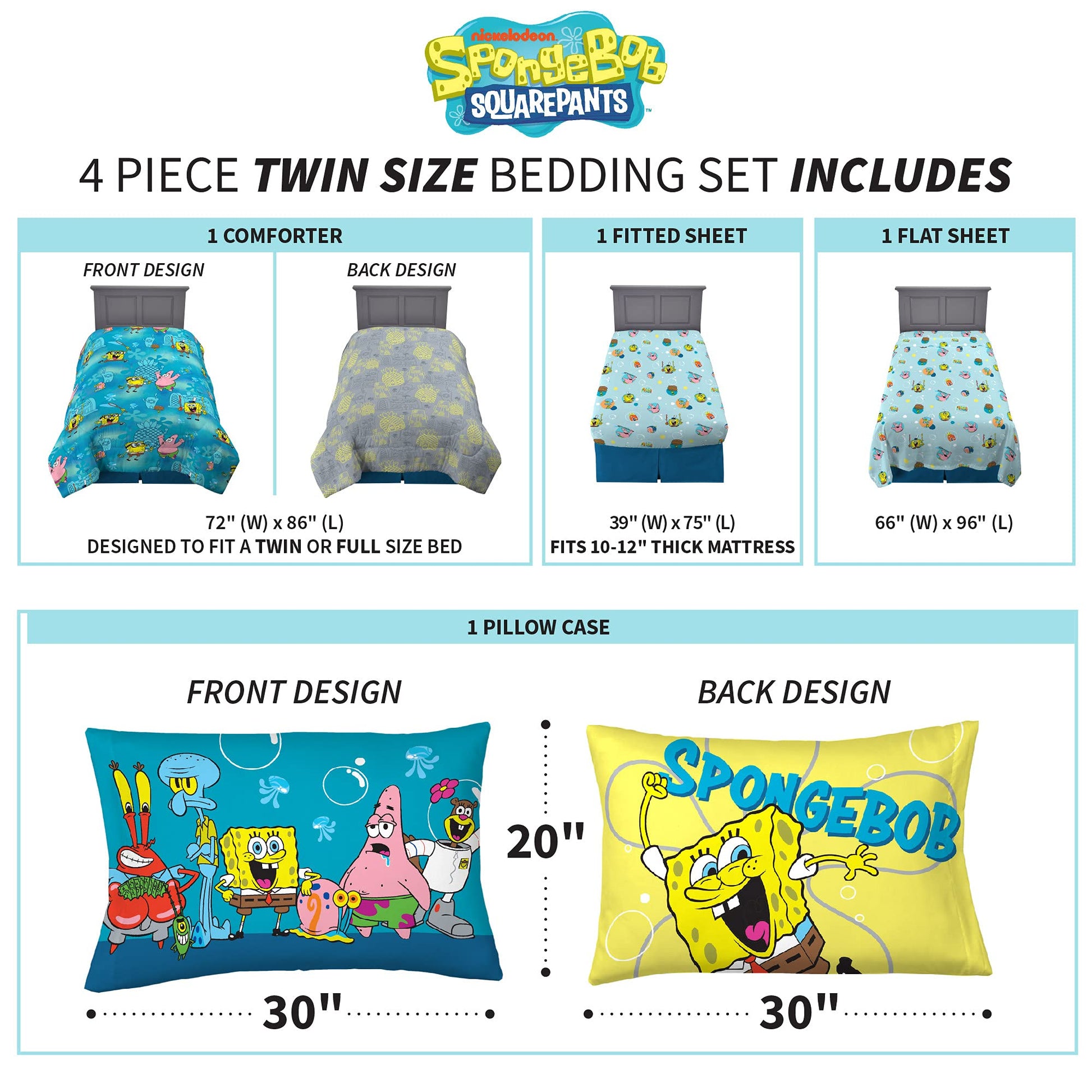 Kids Bedding Super Soft Comforter and Sheet Set, 4 Piece Twin Size, Spongebob