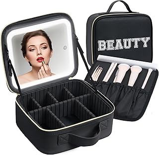 Travel Makeup Bag with Lighted Mirror and Storage