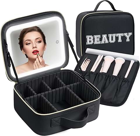 Travel Makeup Bag with Lighted Mirror and Storage