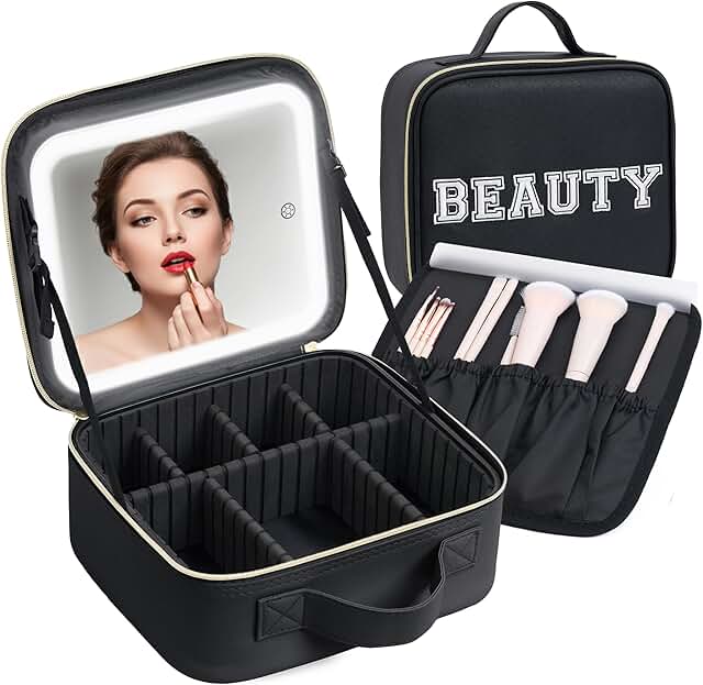 Travel Makeup Bag with Lighted Mirror and Storage