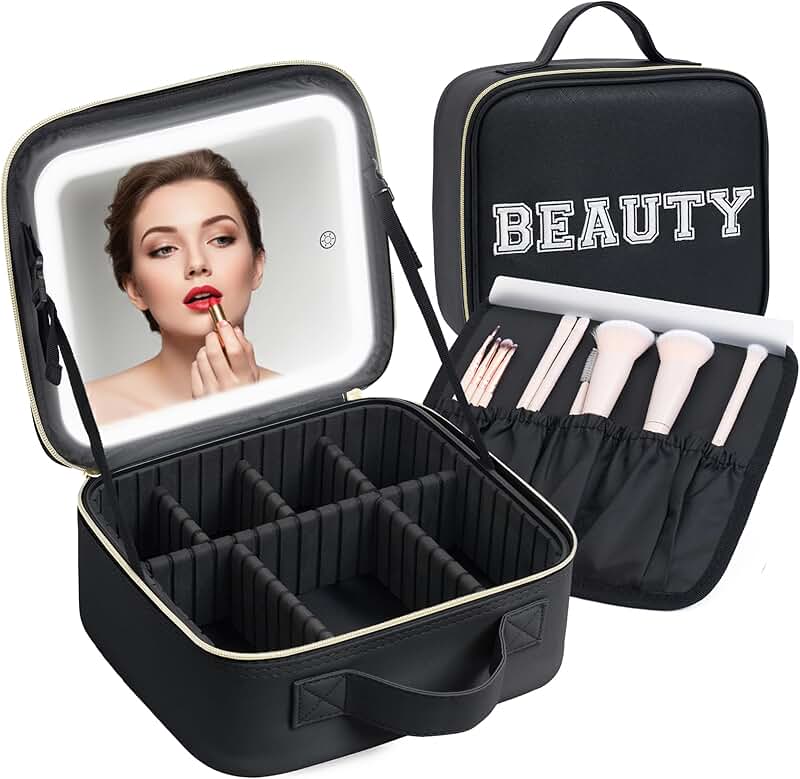 Travel Makeup Bag with Lighted Mirror and Storage