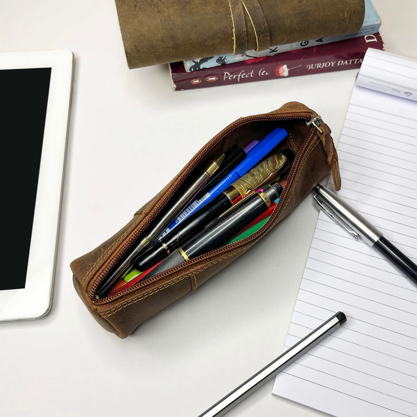 Leather Pencil Case with Zipper in Brown