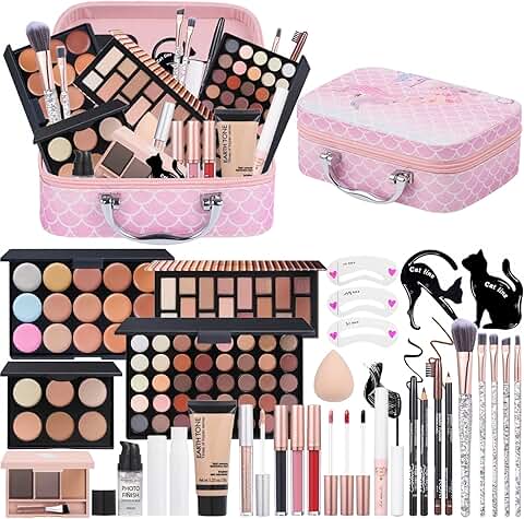 Travel makeup kit with eyeshadow, foundation, concealer, brushes