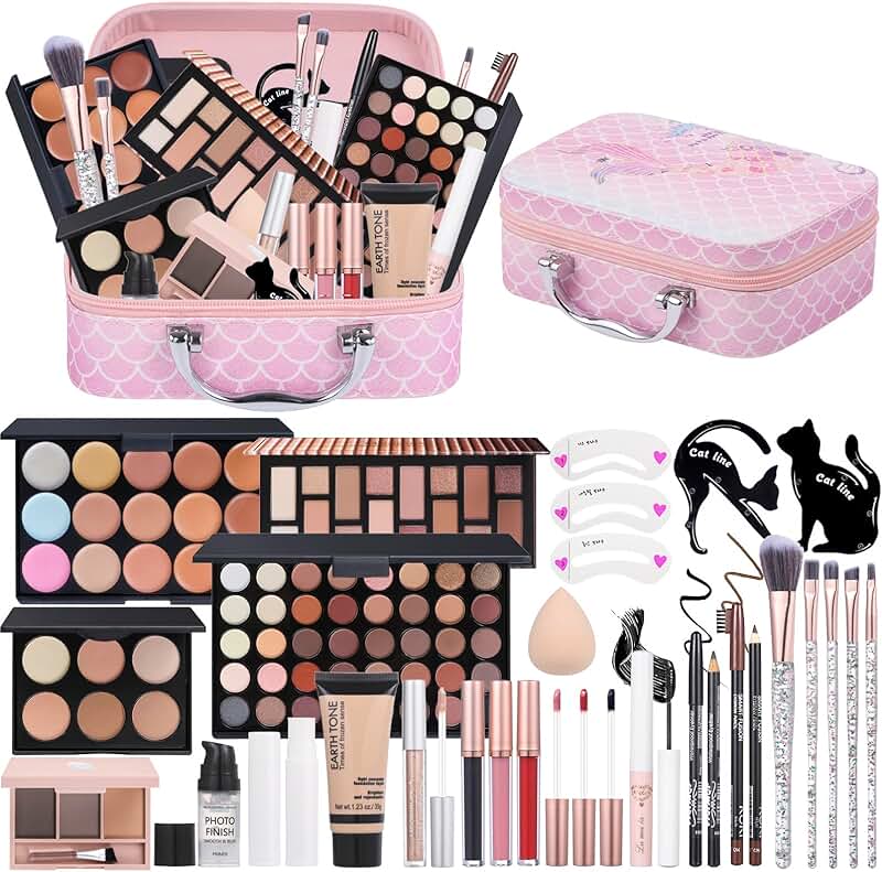 Travel makeup kit with eyeshadow, foundation, concealer, brushes
