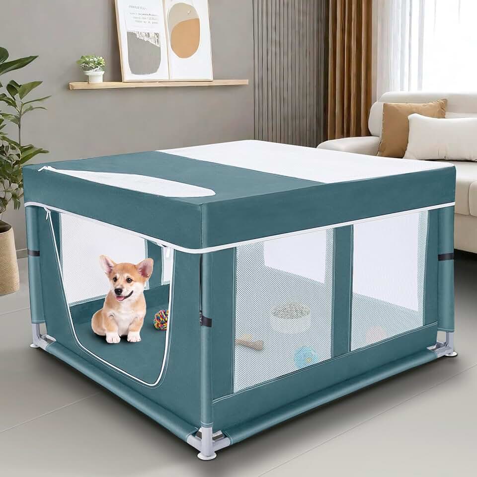 42-inch Dog Playpen with Removable Roof and Zipper Door