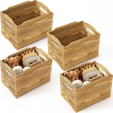 Set of four large stackable wood storage crates