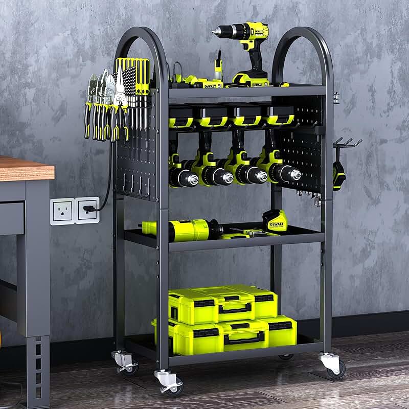 4-Tier Rolling Power Tool Organizer with Drill Holders