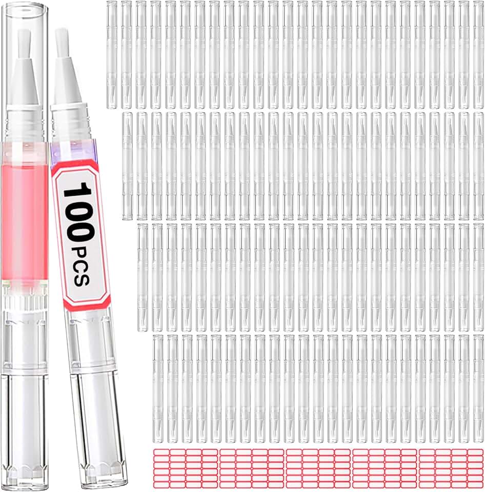 Set of 100 clear nail oil pens with brushes and labels