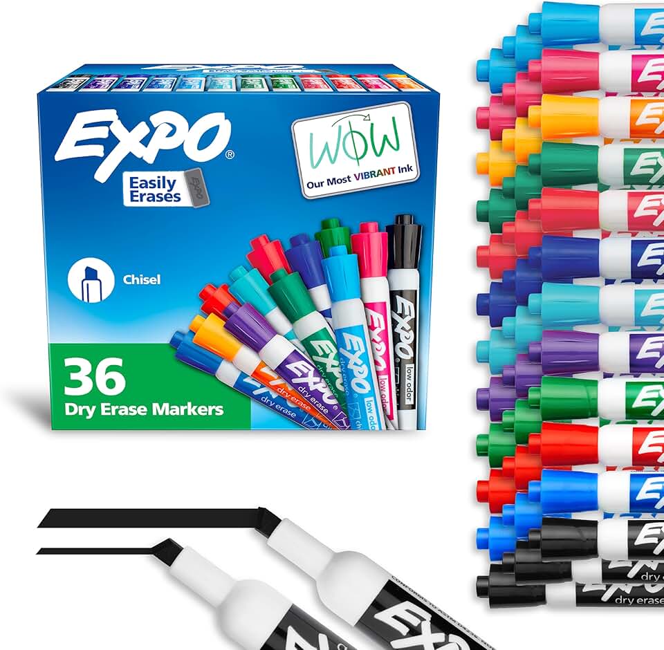 Low Odor Dry Erase Markers, Chisel Tip, Assorted Colors, 36 Pack