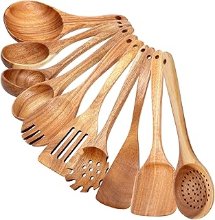 Set of 10 Wooden Cooking Utensils for Nonstick Pans