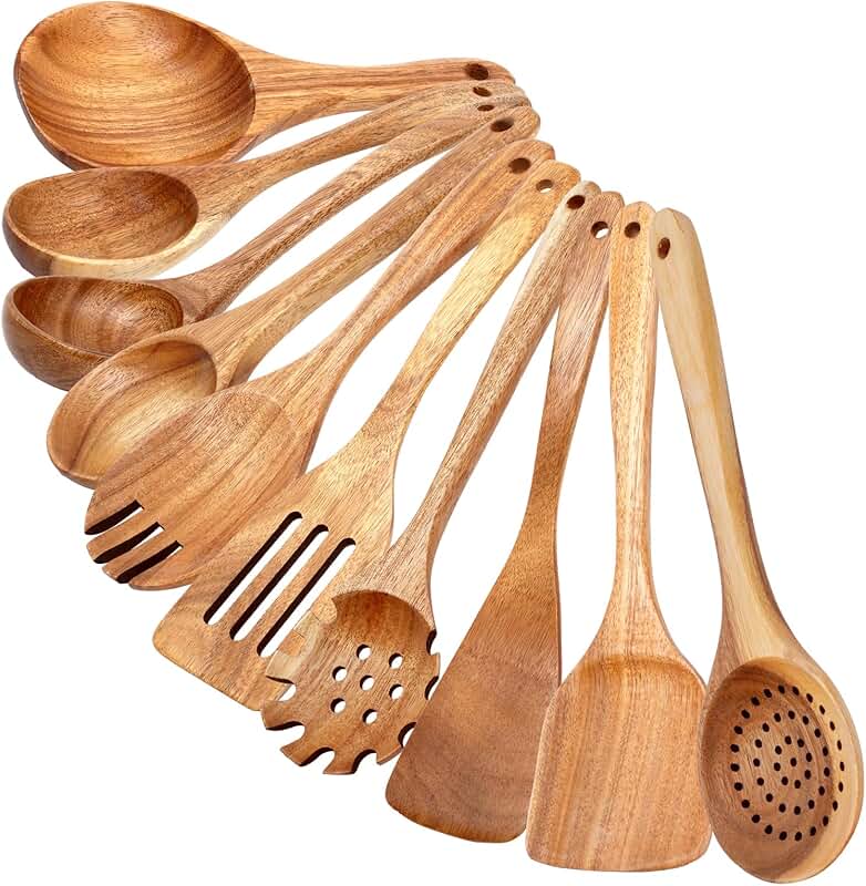 Set of 10 Wooden Cooking Utensils for Nonstick Pans