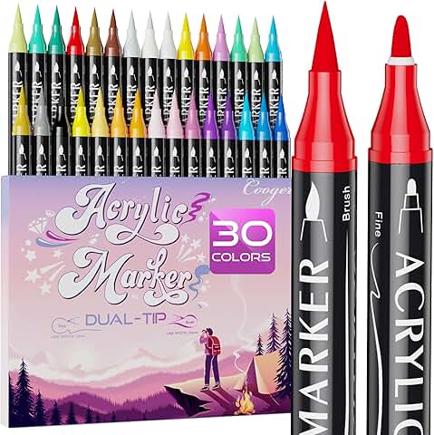30-Color Dual Tip Acrylic Paint Markers for Various Surfaces