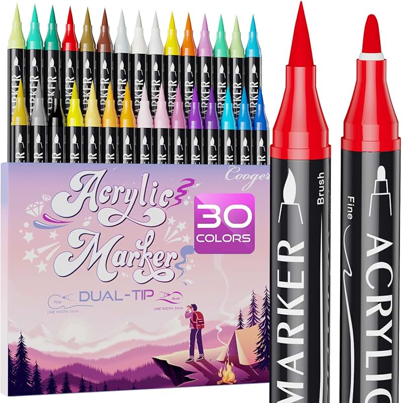 30-Color Dual Tip Acrylic Paint Markers for Various Surfaces
