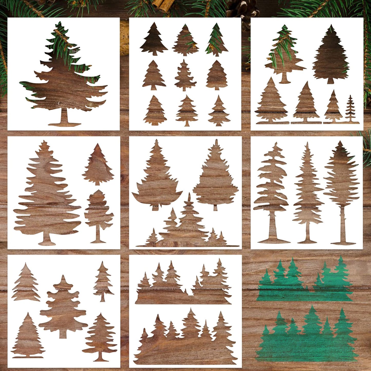 8pcs Pine Tree Reusable Drawing Templates 7.87x7.87 Inches