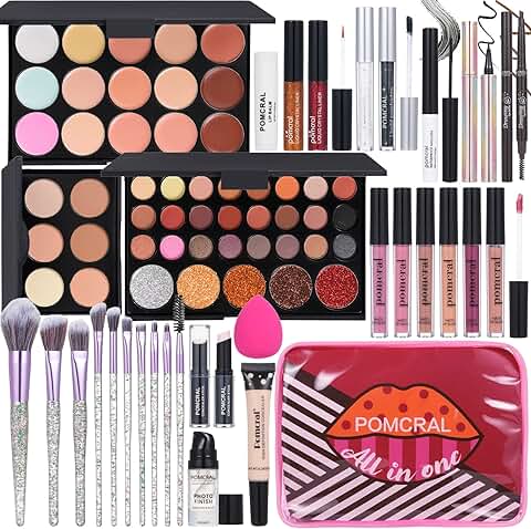 Complete makeup kit for women including eyeshadow, eyeliner, lip gloss, lipstick, brushes, mascara, eyebrow pencil, concealer, face powder, and primer