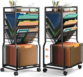 8-Tier Mobile File Cart with Hanging Folders and Bookcase