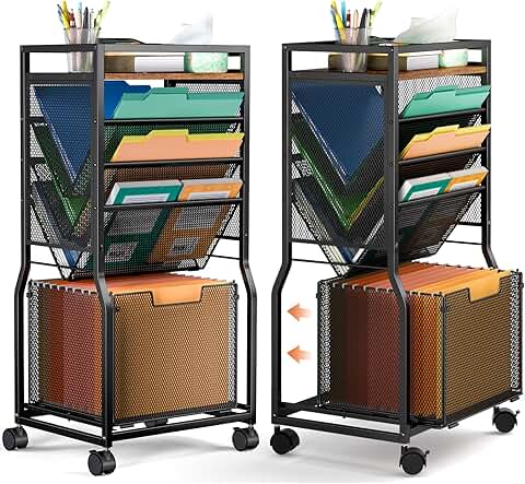 8-Tier Mobile File Cart with Hanging Folders and Bookcase