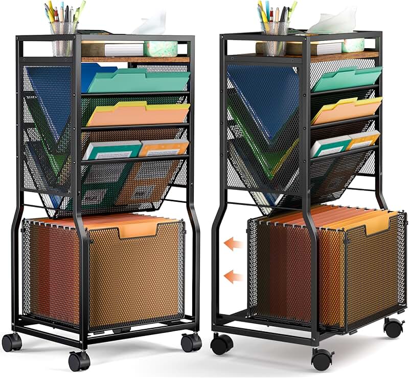 8-Tier Mobile File Cart with Hanging Folders and Bookcase