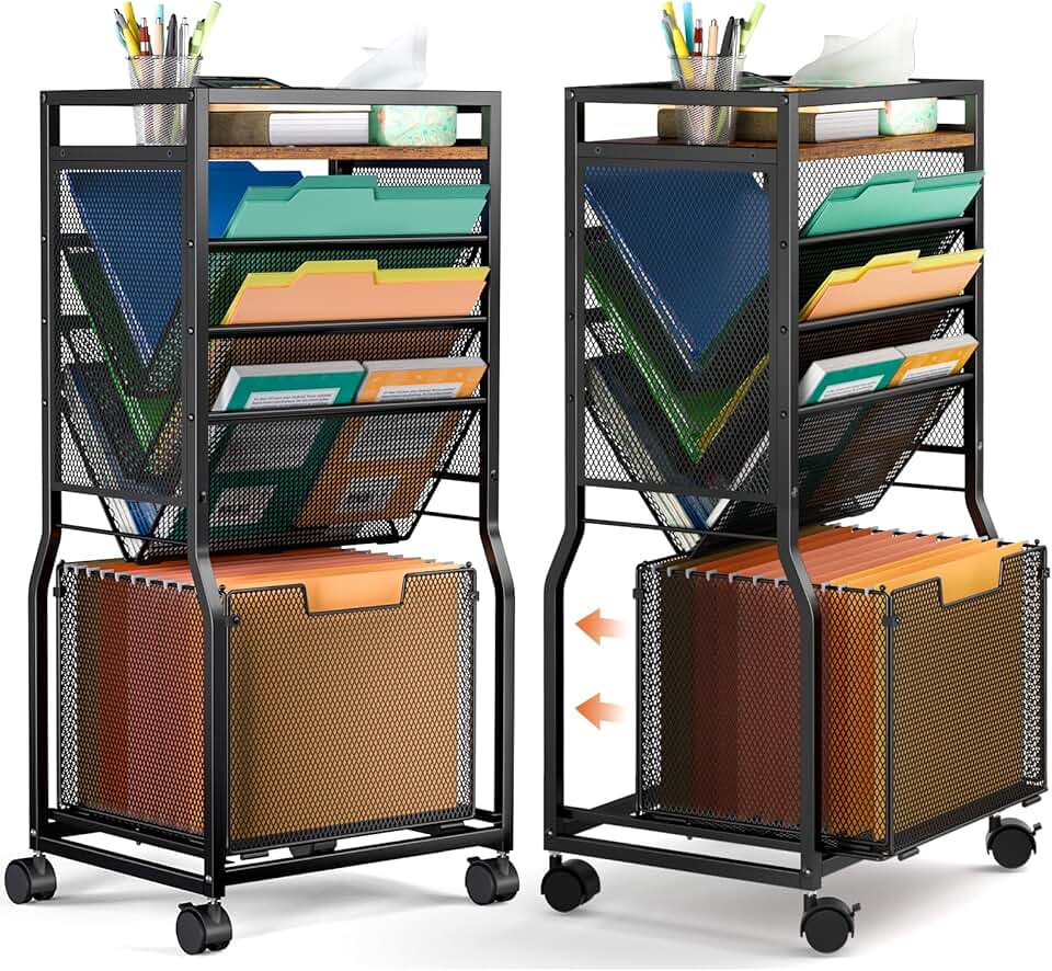 8-Tier Mobile File Cart with Hanging Folders and Bookcase
