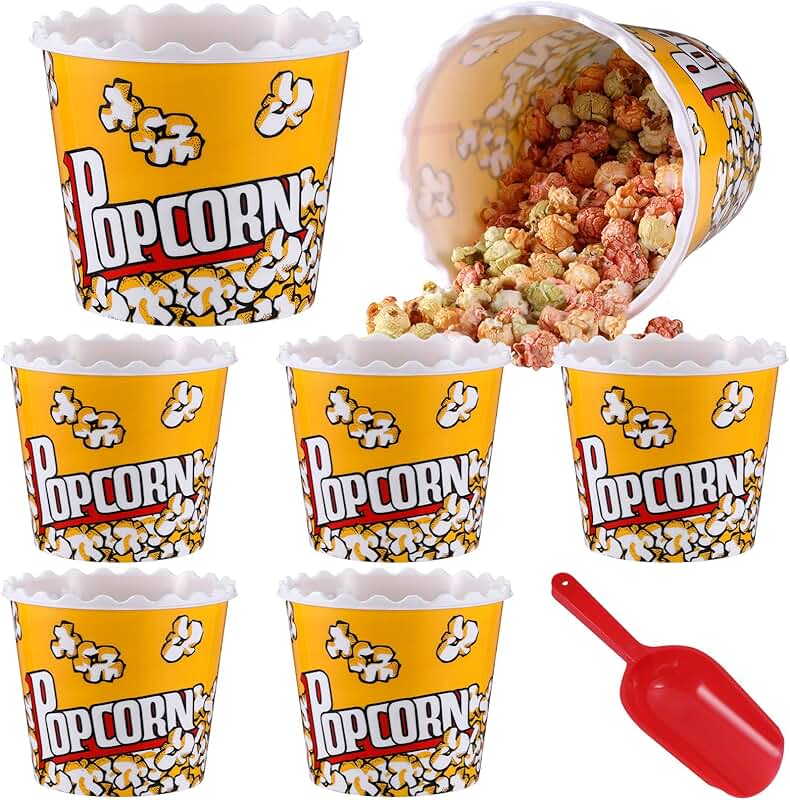 Six Red Plastic Popcorn Buckets with Scoop