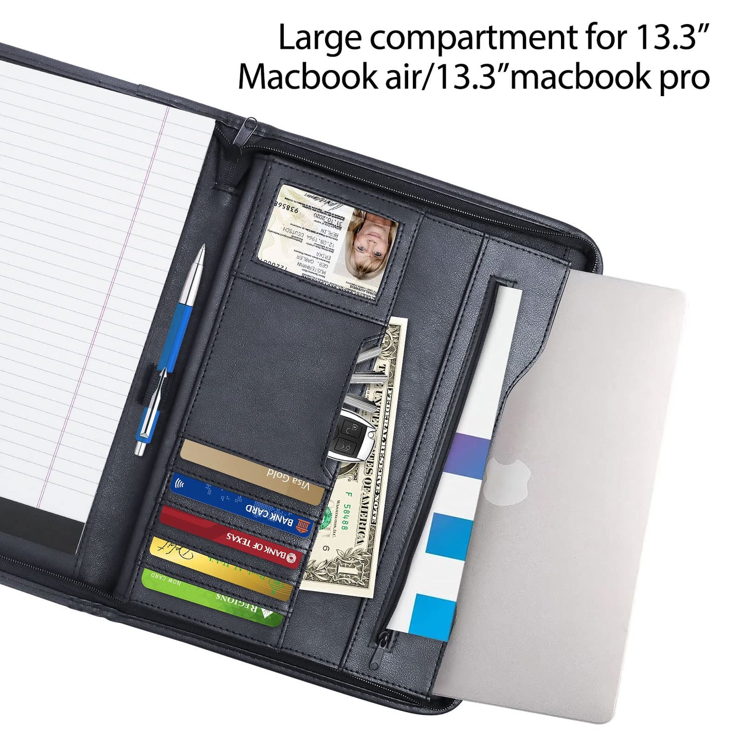 Zippered Leather Portfolio with Legal Pad and Organizer