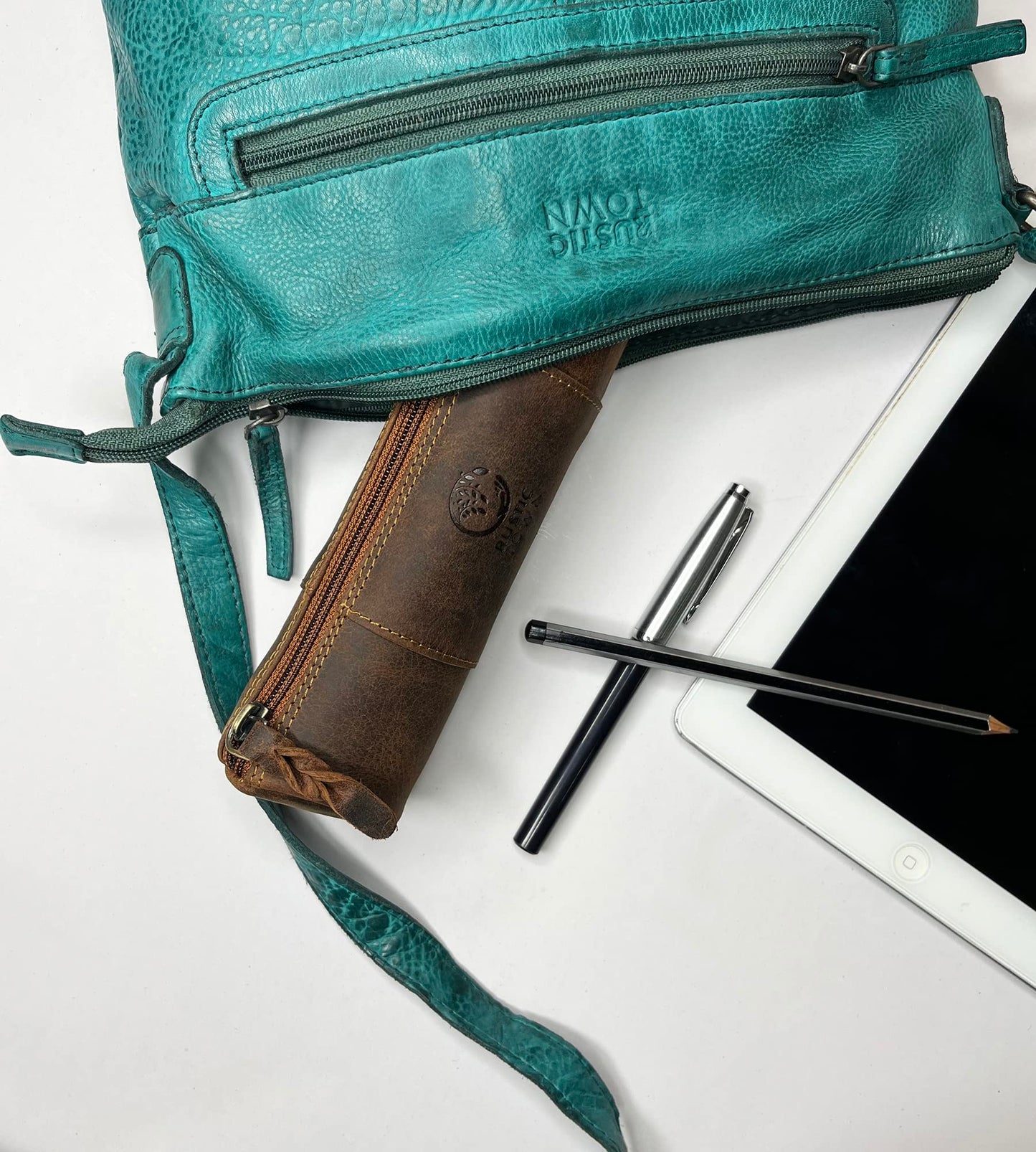 Leather Pencil Case with Zipper in Brown
