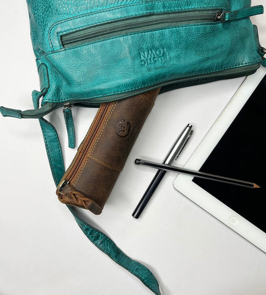 Leather Pencil Case with Zipper in Brown