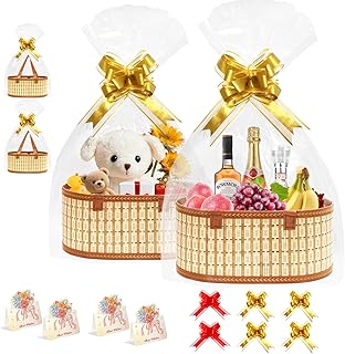 Set of 4 Large Bamboo Gift Baskets with Wrap Bags and Bows