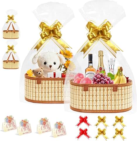 Set of 4 Large Bamboo Gift Baskets with Wrap Bags and Bows