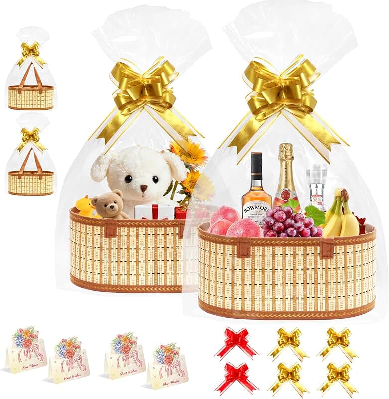 Set of 4 Large Bamboo Gift Baskets with Wrap Bags and Bows