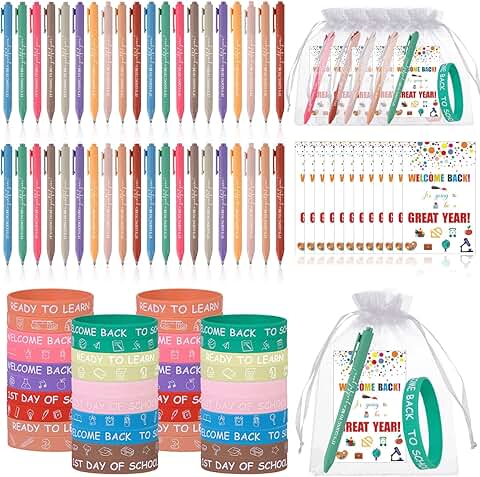 50 School Welcome Back Gift Set with Pens Bracelets Cards and Bags