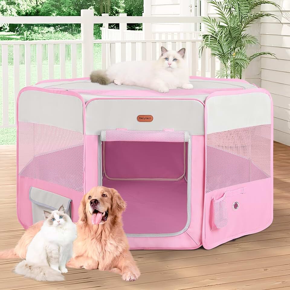 Portable Foldable Dog and Cat Playpen with Mesh Cover