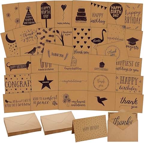 36 Assorted Kraft Paper Greeting Cards and Envelopes