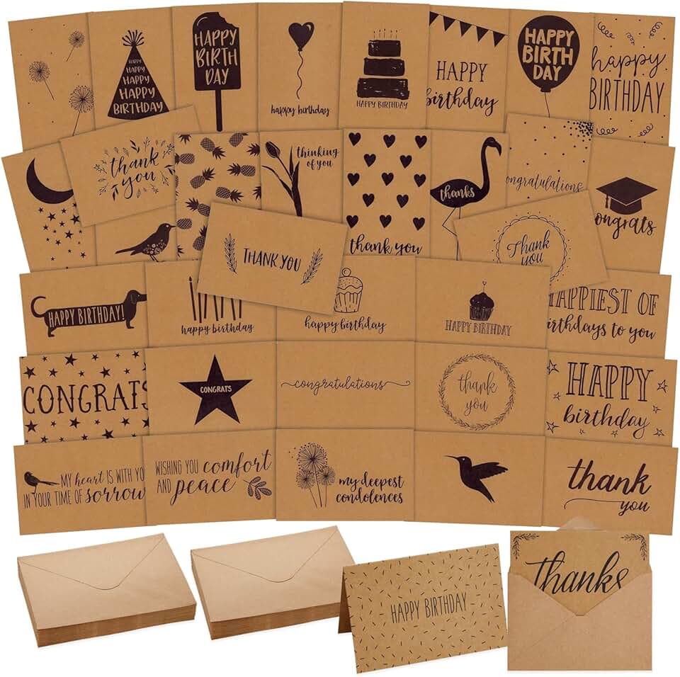 36 Assorted Kraft Paper Greeting Cards and Envelopes