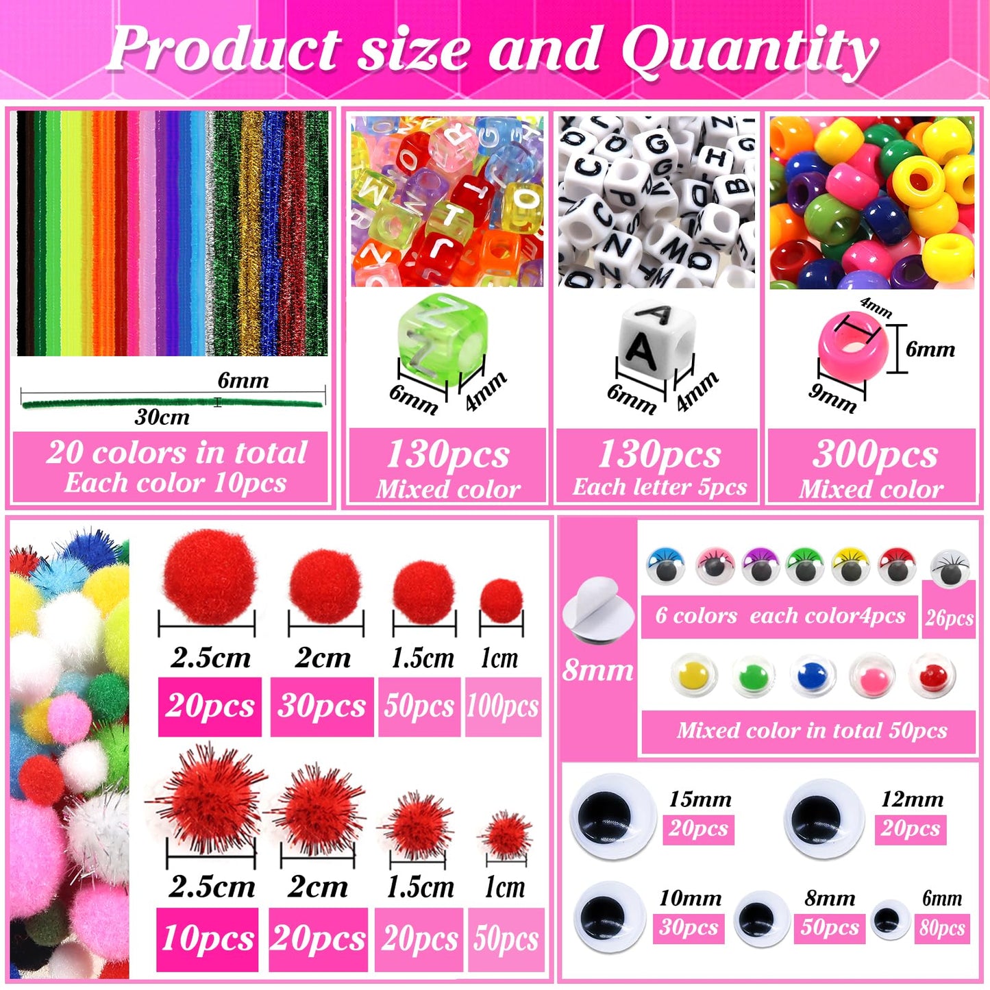 Deluxe Craft Kit with 1360pcs Pipe Cleaners, Pom Poms