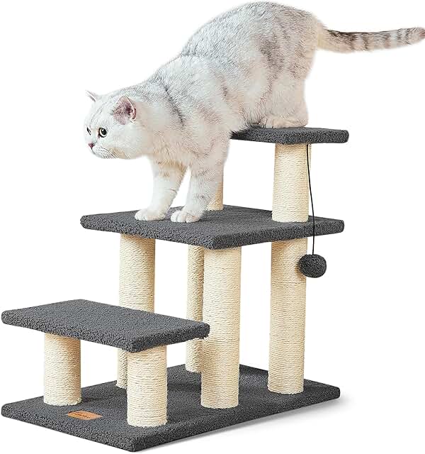 Dog and Cat Stairs with Scratching Post, 3-Step Grey