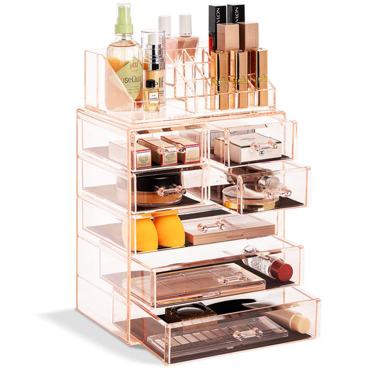 Clear Cosmetic Makeup Organizer  Make Up  Jewelry Storage, Case  Display  Spacious Design  Great Holder for Dresser, Bathroom, Vanity  Countertop 3 Large, 4 Small Dr ers) Pink]