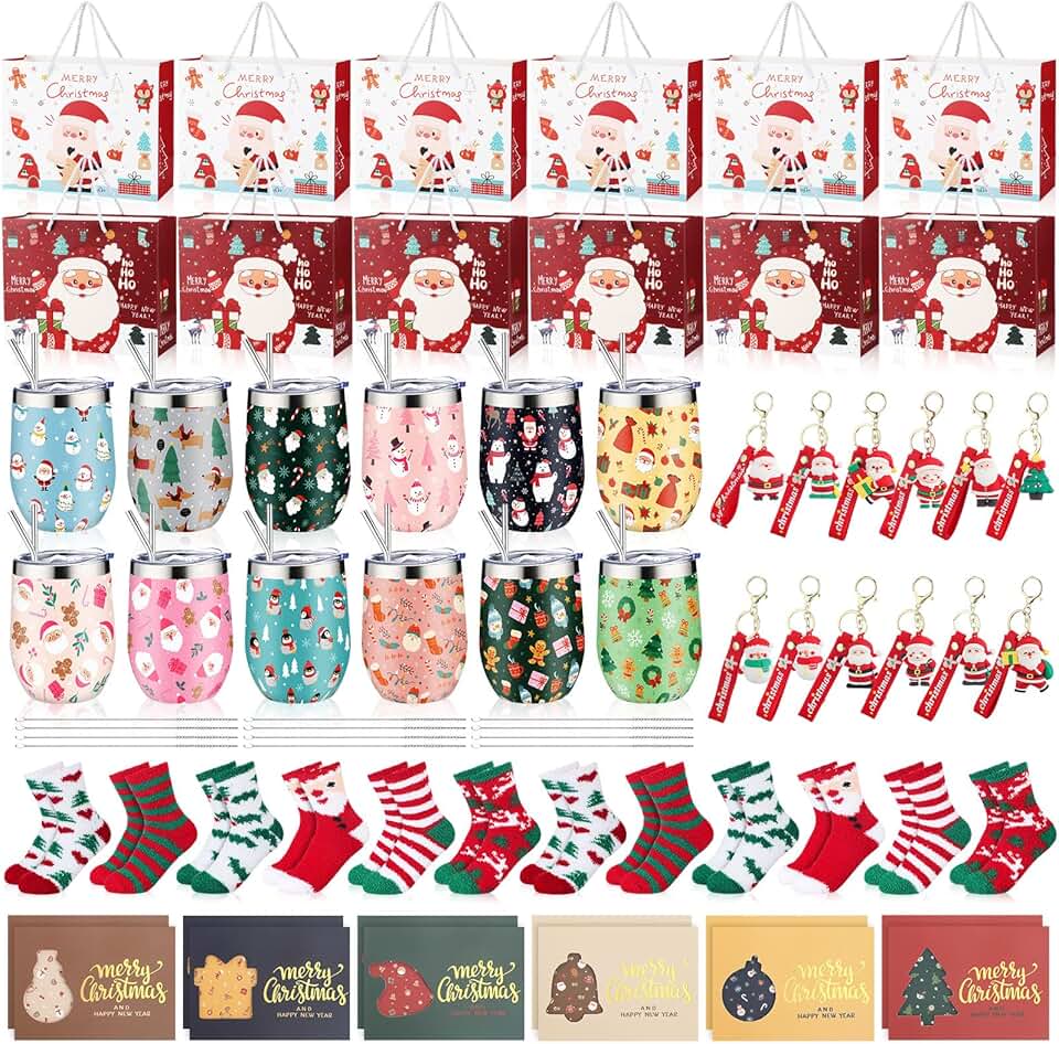 12-Piece Christmas Gift Set with Tumbler Socks Keychains and Cards