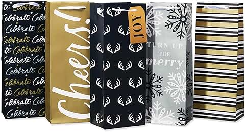 Set of five black, gold, and silver wine gift bags