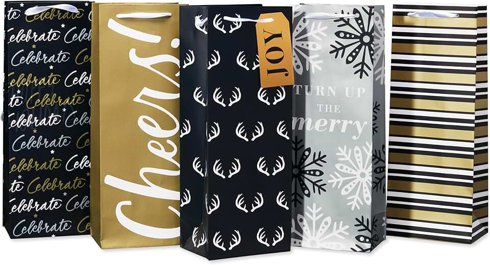 Set of five black, gold, and silver wine gift bags